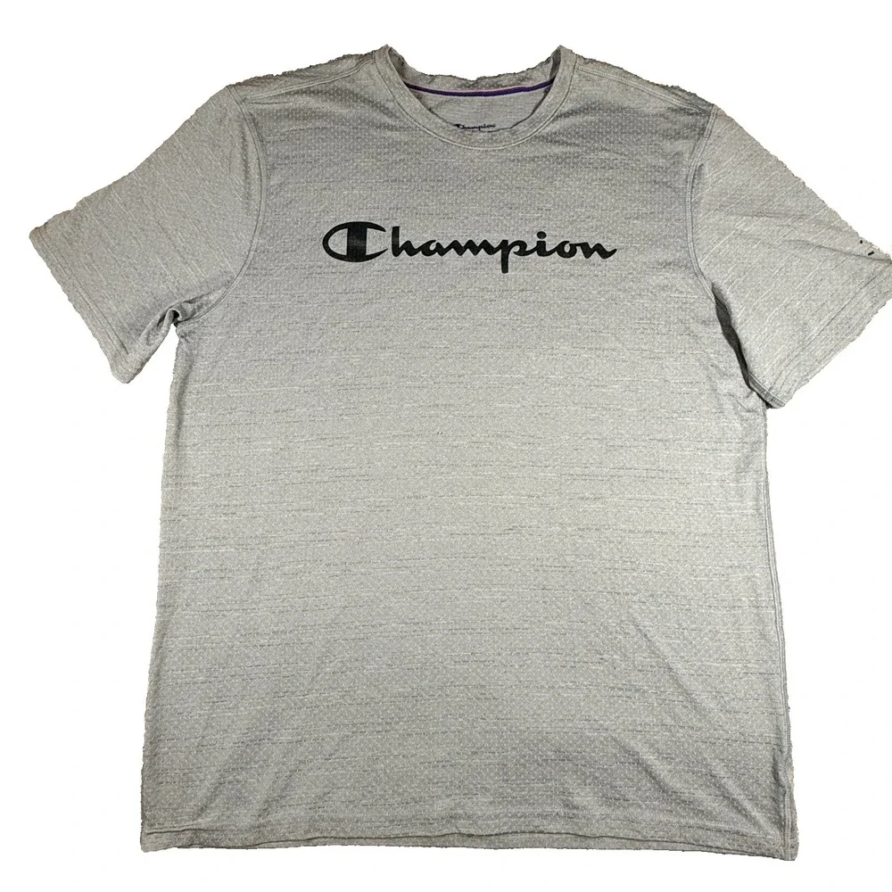 Champion T Shirt Mens Large Gray Script Logo Athletic Short Sleeve Tee - Picture 1 of 8